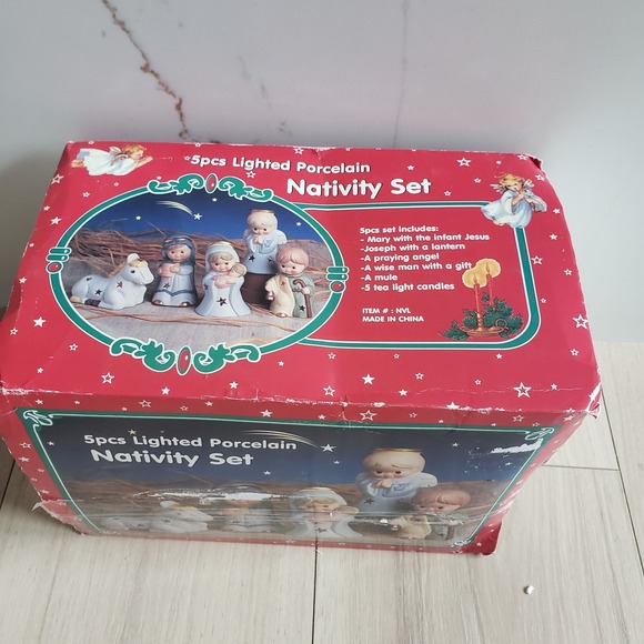 Porcelain Nativity Set Lighted 5pc Christmas Figures Pastel Children Retro W Box - Picture 4 of 7